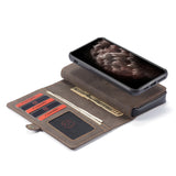 Handmade leather phone wallet with slots for cards and cash, and a phone inserted on the top
