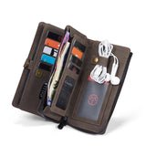 handmade leather phone wallet with card slots, cash pocket, and earphone compartment
