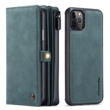 Handmade leather phone wallet in teal with card slots and magnetic closure