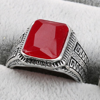 vintage men's ring with semi-precious stone red rectangular faceted stone in engraved silver band