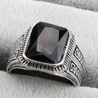 vintage men's ring with semi-precious stone black rectangular faceted gem and engraved silver band