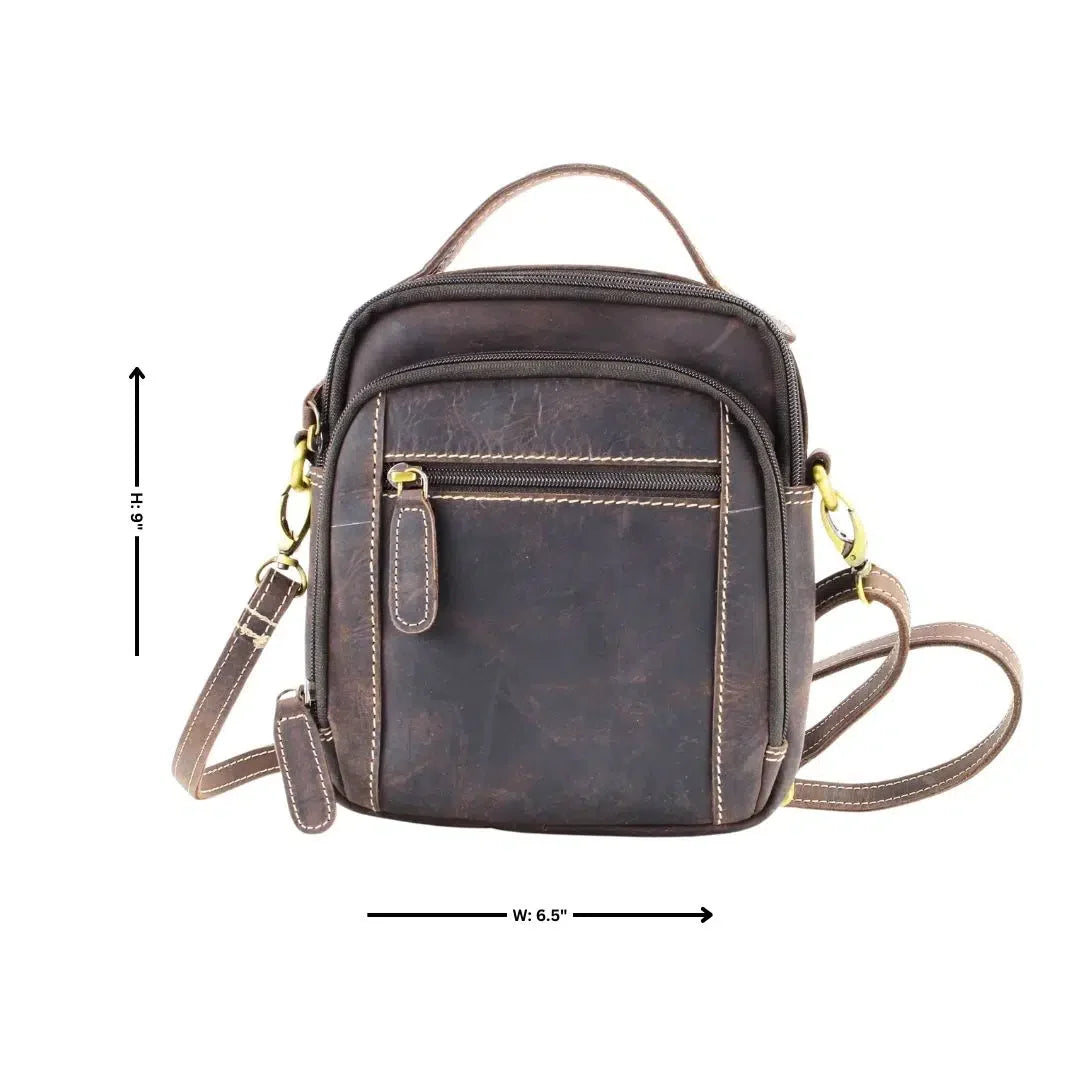 Hunter genuine leather crossbody bag with adjustable strap and multiple pockets for convenience