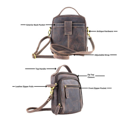 Hunter genuine leather crossbody bag with adjustable strap and antique hardware, featuring multiple pockets