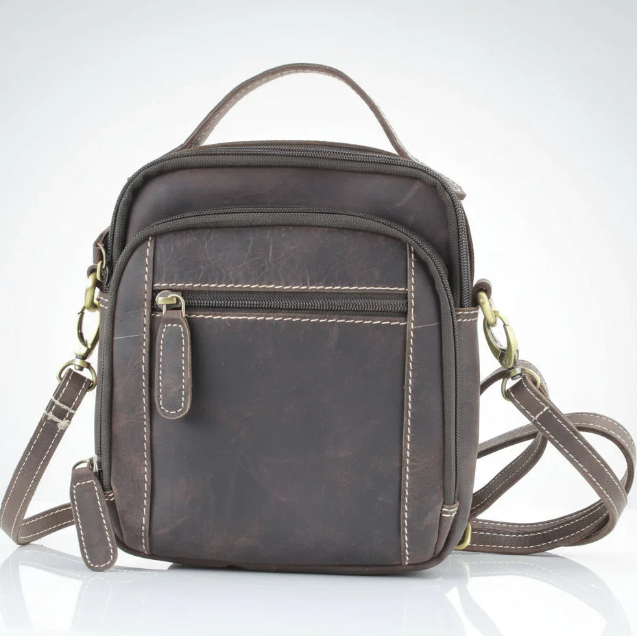 Hunter genuine leather crossbody bag with adjustable strap and front zipper pocket for convenience