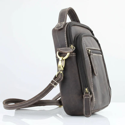 Hunter genuine leather crossbody bag with adjustable strap and front zip pocket for easy access