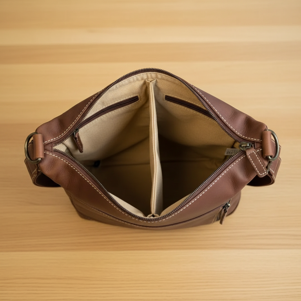 Interior view of the Rugged Earth full-grain leather crossbody bag showing compartments and cotton lining