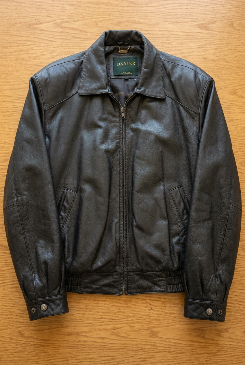 Danier leather jacket front view with AI-enhanced oak background and lighting