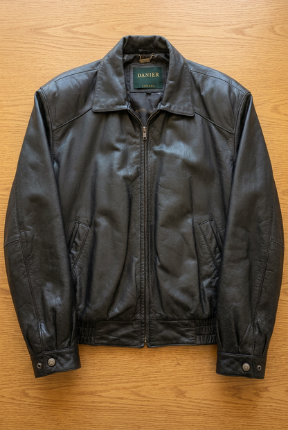 Danier leather jacket front view with AI-enhanced oak background and lighting