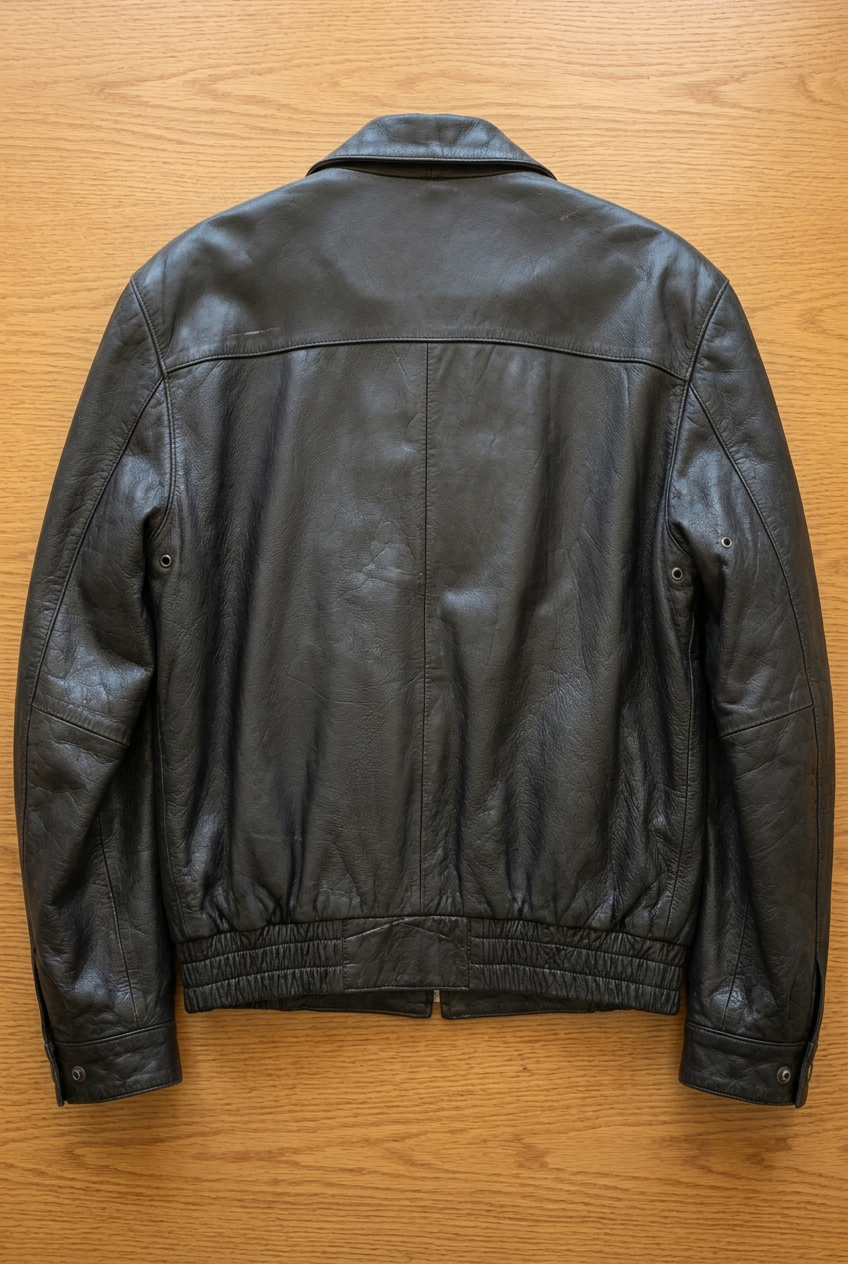 Danier leather jacket back view with AI-enhanced oak background and lighting
