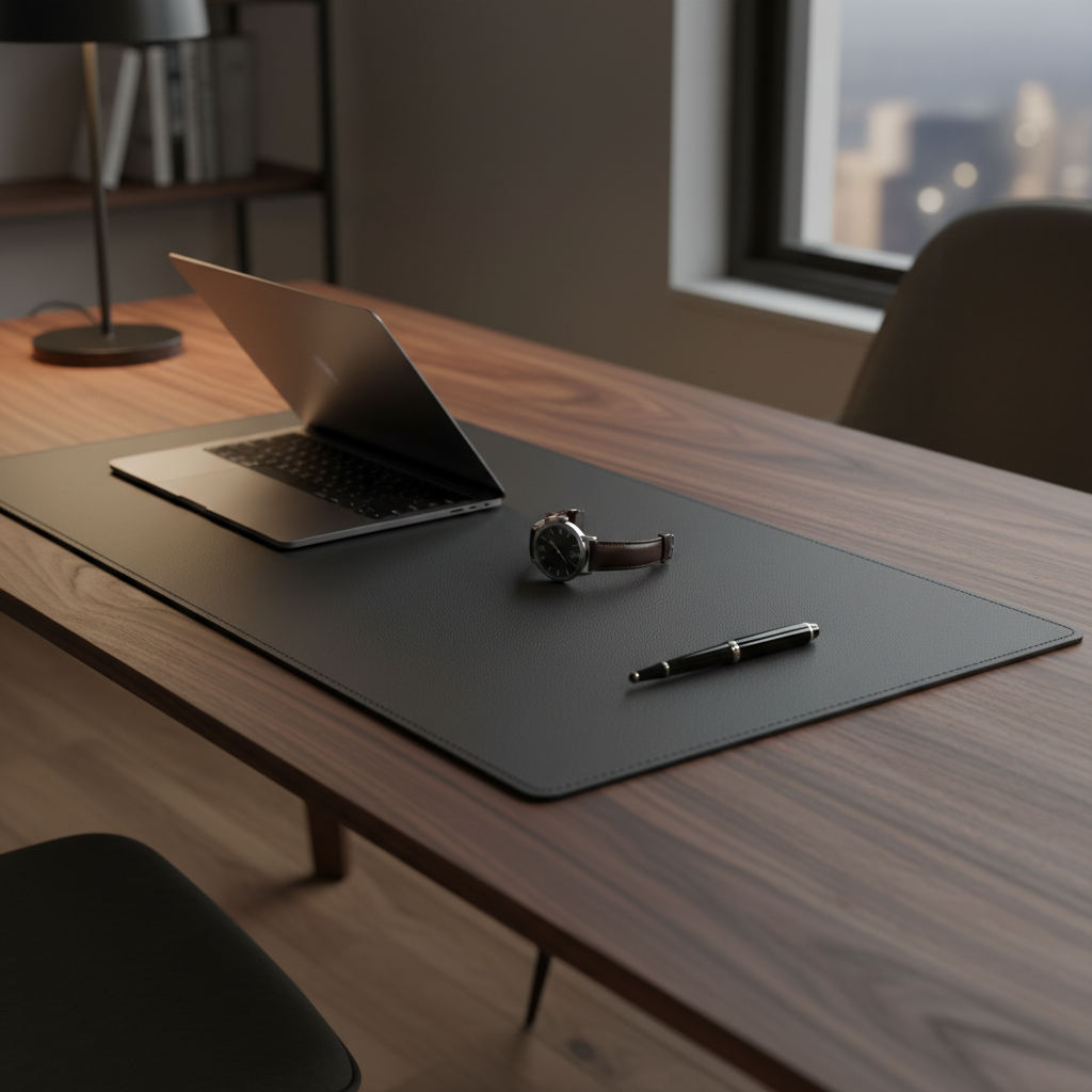 The Jersey Midnight Black full-grain leather desk pad on a minimal executive desk with MacBook Pro, leather watch and pen