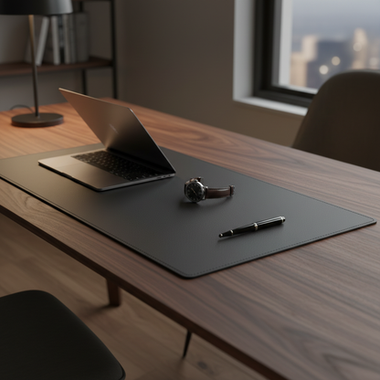 The Jersey Midnight Black full-grain leather desk pad on a minimal executive desk with MacBook Pro, leather watch and pen