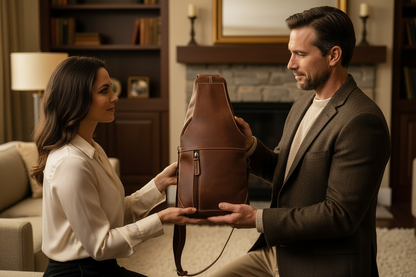 The Canadian Builder presenting the Rugged Earth crossbody bag as a gift — a sincere and loving moment