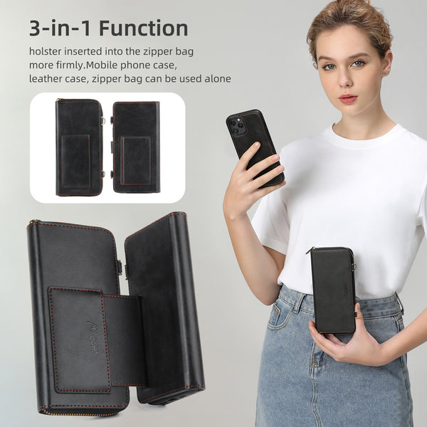 iPhone 16 leather wallet case with 3-in-1 function and detachable zipper bag for added convenience