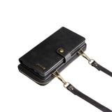 iPhone 16 leather wallet case in black with detachable strap and card slots