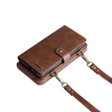 iPhone 16 leather wallet case in brown with detachable strap for secure and stylish storage