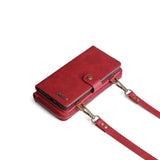 Red iPhone 16 leather wallet case with detachable strap and card slots