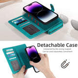 iPhone 16 leather wallet case in teal with detachable design and card slots for convenience
