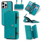 iPhone 16 leather wallet case in teal with card slots and detachable strap for versatile use