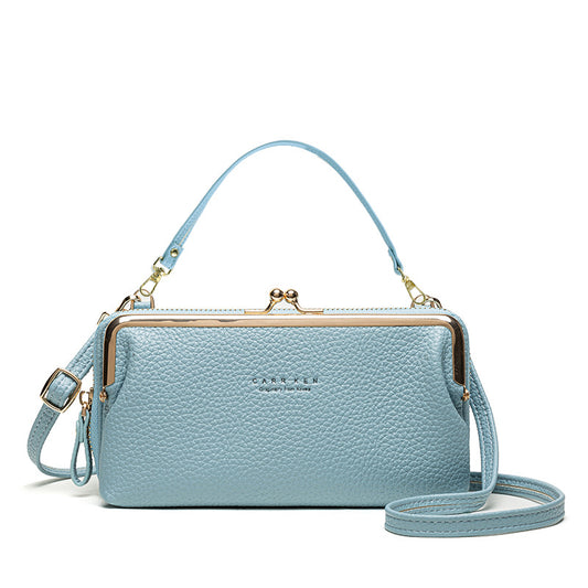 Korean fashion crossbody wallet in light blue textured leather with gold hardware and adjustable strap