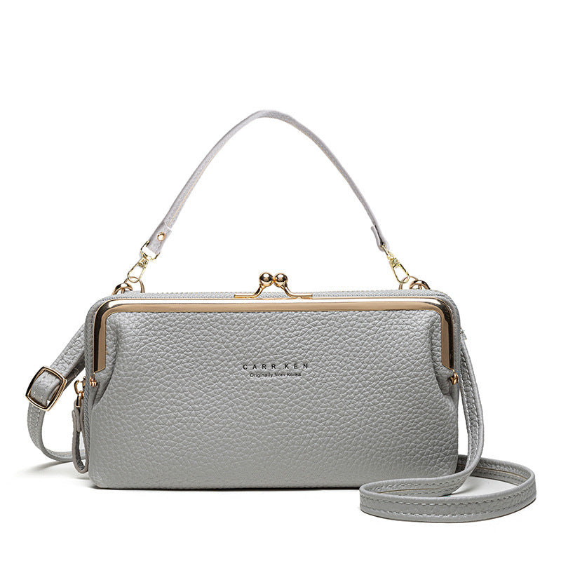 gray Korean fashion crossbody wallet with textured leather and gold hardware clasp