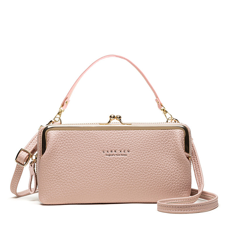 Korean fashion crossbody wallet in light pink textured leather with gold hardware and adjustable straps