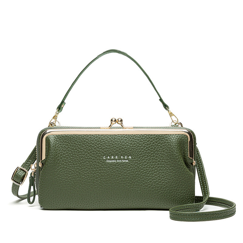 Korean fashion crossbody wallet in green textured leather with adjustable strap and gold-tone hardware