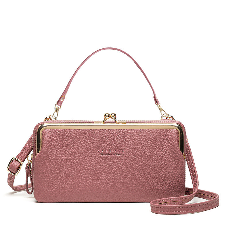 pink Korean fashion crossbody wallet with textured leather and gold-tone hardware