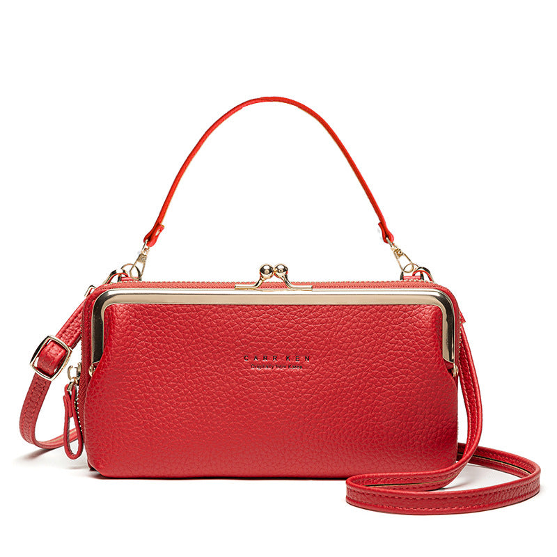 Red Korean fashion crossbody wallet by CJD with textured leather and gold clasp closure