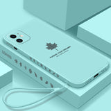Canadian Maple Leaf iPhone case in mint teal with maple leaf graphic, Pursue Your Dreams text and wrist strap