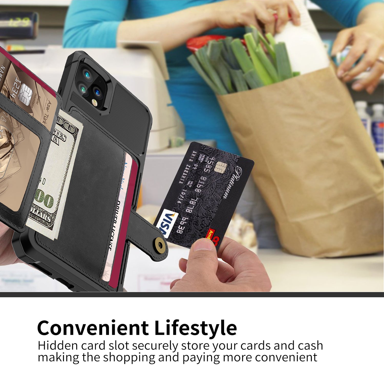 CJD black iPhone 13 Pro Max wallet case with hidden card slots holding cash and credit cards at checkout