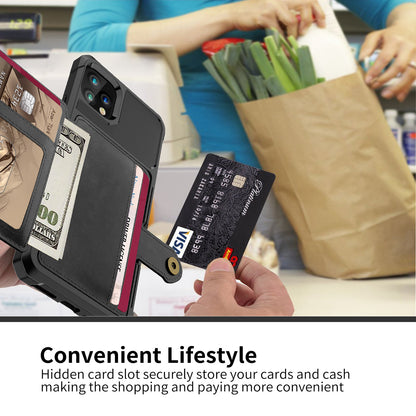 CJD black iPhone 13 Pro Max wallet case with hidden card slots holding cash and credit cards at checkout