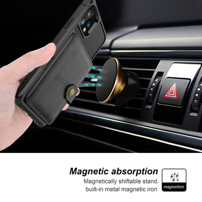 CJD iPhone 13 Pro Max wallet case in black with built in magnetic plate shown attaching to car vent mount