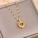 gold heart necklace double layer love pendant for women with CZ accents and delicate twisted chain