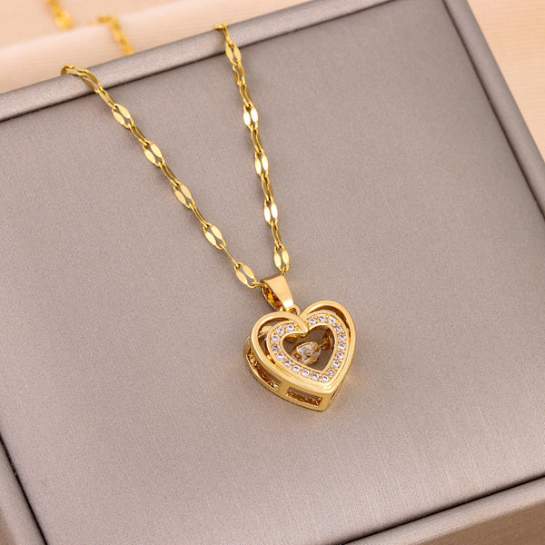 gold heart necklace double layer love pendant for women with CZ accents and delicate twisted chain