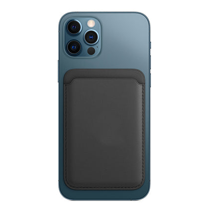 stick-on card holder for iPhone and Galaxy attached to blue iPhone showing slim black leather pocket