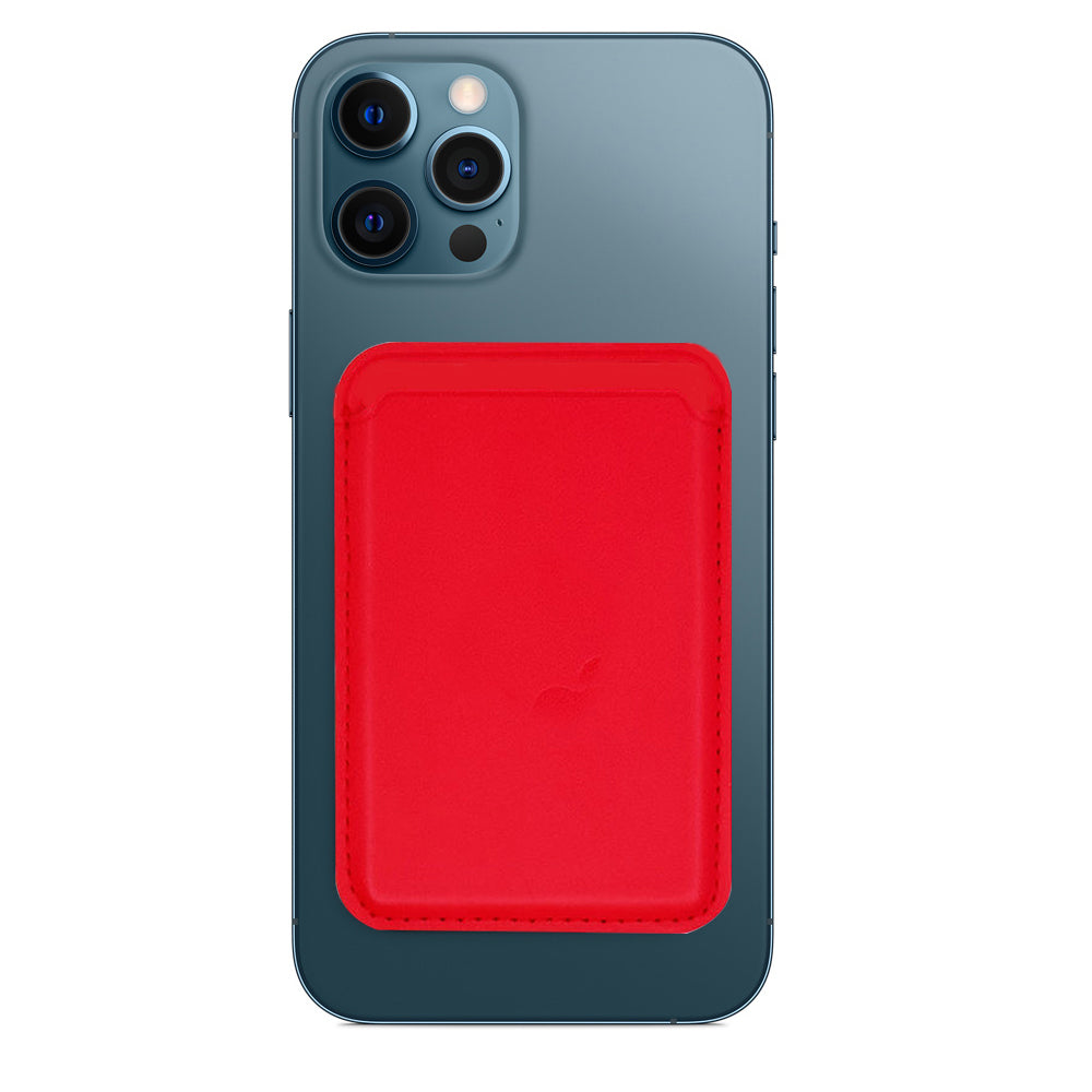 red stick-on card holder for iPhone and Galaxy attached to teal iPhone case with single pocket