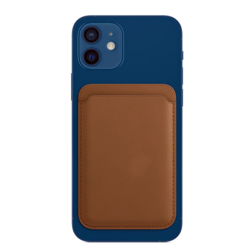 blue iPhone case with brown leather stick-on card holder for iPhone and Galaxy attached
