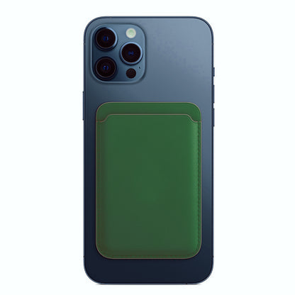 green leather stick-on card holder for iPhone and Galaxy attached to blue iPhone back