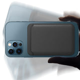 stick-on card holder for iPhone and Galaxy attached to blue iPhone back in black leather slim design