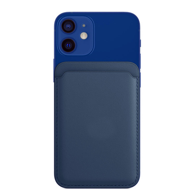 navy leather stick-on card holder for iPhone and Galaxy on blue iPhone case slim pocket