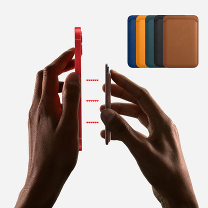 iPhone case showing stick-on card holder for iPhone and Galaxy attaching with magnetic hold and color options