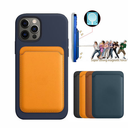 navy iPhone case with orange leather stick-on card holder for iPhone and Galaxy magnetic wallet