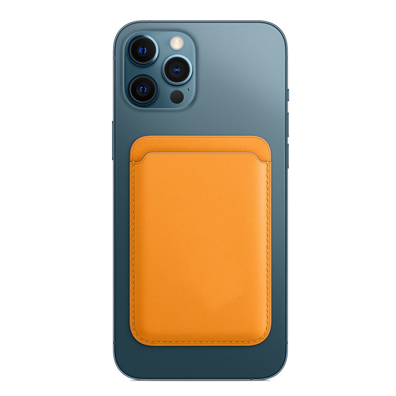 orange leather stick-on card holder for iPhone and Galaxy on blue iPhone back pocket