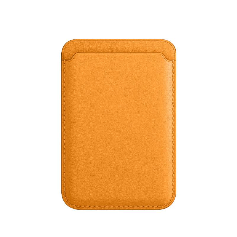 orange leather stick-on card holder for iPhone and Galaxy slim adhesive wallet for two cards