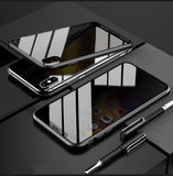 magnetic iPhone case with privacy screen shown on black iPhones with reflective glass surface