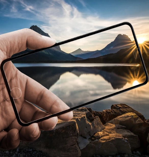 magnetic iPhone case with privacy screen held against mountain lake scenery at sunset