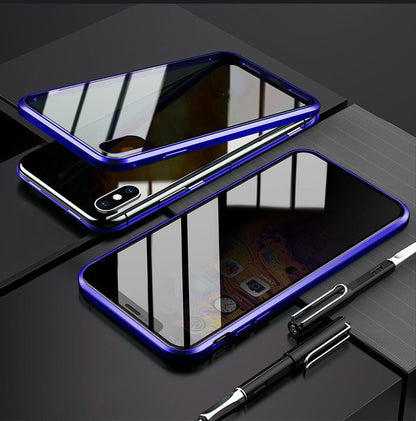 magnetic iPhone case with privacy screen in blue showing front and back views on black surface