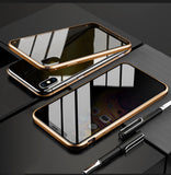 magnetic iPhone case with privacy screen in gold frame protecting front and back of phone