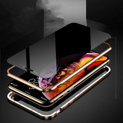 magnetic iPhone case with privacy screen showing layered protection and sleek gold frame
