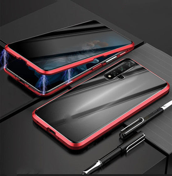 magnetic iPhone case with privacy screen in red frame showcasing front and back views on a black surface